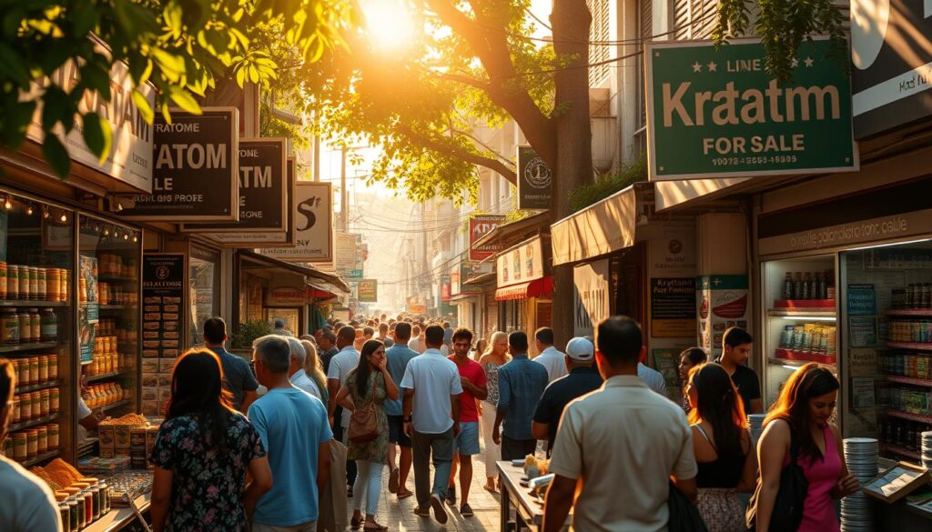 A bustling city street lined with storefronts, the facade of each one adorned with prominent signage advertising "Kratom for Sale". The scene is bathed in warm, golden sunlight filtering through the trees, casting a cozy, inviting atmosphere. In the foreground, people of diverse backgrounds browse the shop windows, examining the various kratom products on display. The middle ground features several well-stocked kratom vendors, their counters filled with an array of colorful kratom strains and powders. In the background, the silhouettes of other shops and businesses create a sense of a thriving, vibrant neighborhood. The overall mood conveys a feeling of convenience, accessibility, and a thriving local kratom market.