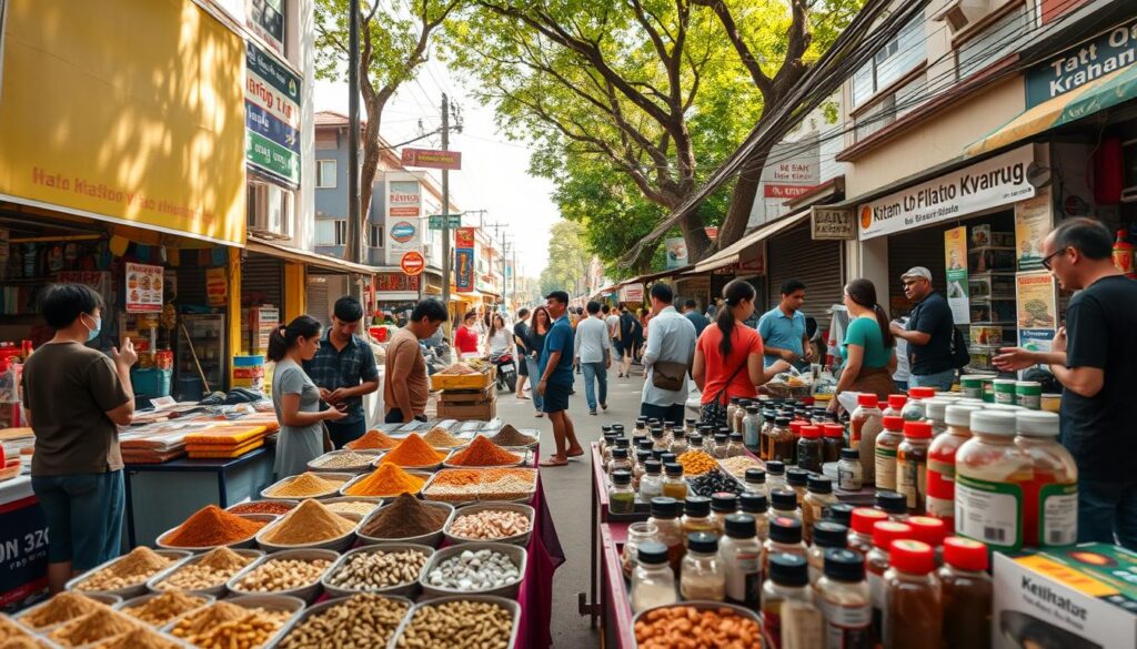 A bustling local market scene, captured through the lens of a wide-angle camera. In the foreground, a group of vendors displaying various kratom products - powders, capsules, and tinctures - on neatly arranged tables. Vibrant colors and textures draw the eye, hinting at the diverse offerings. In the middle ground, customers peruse the stalls, engaged in lively conversations with the sellers. The background reveals the essence of the neighborhood - a mix of small shops, street signs, and pedestrians, all bathed in the warm glow of natural sunlight filtering through the canopy of trees overhead. The overall atmosphere conveys a sense of community, trust, and the authentic local kratom experience.