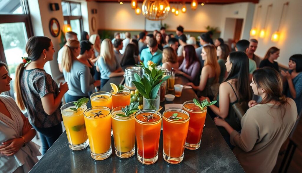 A bustling wellness community gathers around a central bar, where vibrant Kava Kratom Shots are being served. The foreground features the artfully-crafted drinks, with their rich amber hues and enticing garnishes. The middle ground showcases the community, a diverse group of health-conscious individuals engaged in lively conversation and enjoying the refreshing beverages. The background depicts a modern, minimalist wellness center, with natural light streaming in through large windows, creating a calming, rejuvenating atmosphere. The scene is captured with a wide-angle lens, conveying a sense of warmth, energy, and the growing popularity of this wellness trend.