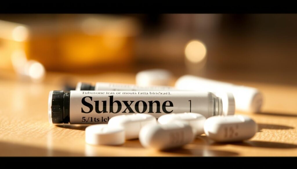 A close-up of Suboxone medication, depicting its role in opioid addiction recovery. The Suboxone pills are placed prominently in the foreground, with a soft, blurred background highlighting their importance. The lighting is warm and natural, casting a gentle glow on the medication. The angle is slightly elevated, giving the viewer a sense of the drug's significance in the recovery process. The overall mood is one of hope and healing, conveying the potential of Suboxone to assist individuals in overcoming opioid addiction.