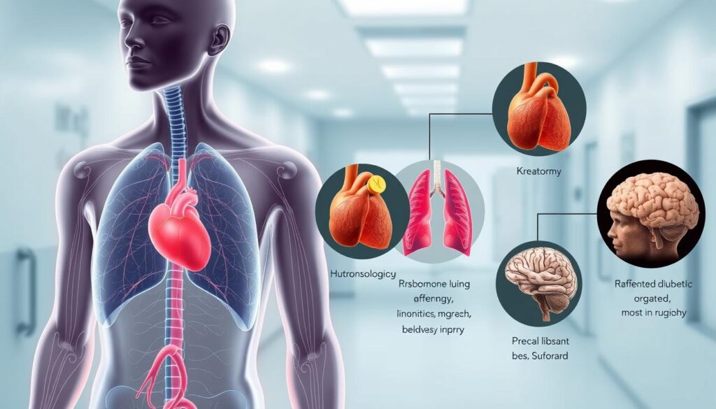 A detailed anatomical illustration depicting the potential health risks of combining kratom and suboxone. The foreground features a human figure with a transparent overlaying anatomy, highlighting the cardiovascular, respiratory, and neurological systems. The middle ground showcases magnified views of the key organs affected, such as the heart, lungs, and brain, with annotations indicating the specific health consequences. The background fades into a clinical, sterile environment, emphasizing the medical nature of the subject. The lighting is soft and diffused, creating a sense of seriousness and importance. The overall composition conveys the gravity and complexity of the health implications surrounding this drug interaction.