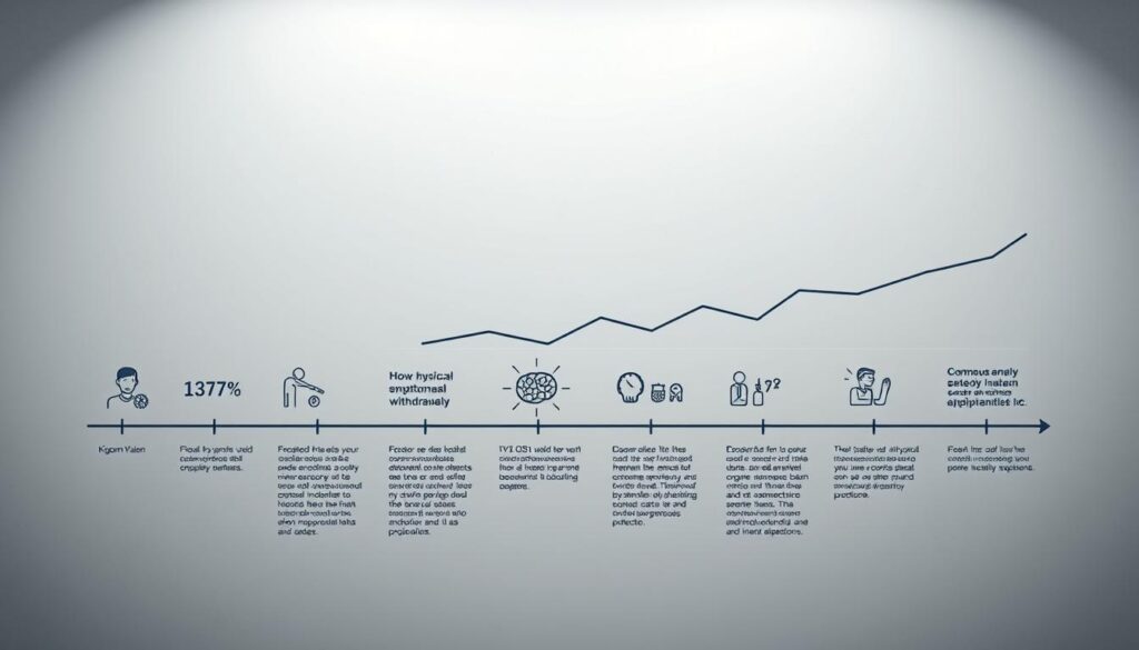 A detailed timeline depicting the stages of kratom withdrawal, rendered in a realistic, scientific style. In the foreground, a series of icons and infographic elements illustrate the common physical and psychological symptoms experienced over time. The middle ground features a clean, minimal graph charting the intensity and duration of withdrawal effects. The background showcases a neutral, clinical setting with subtle textures and muted tones, conveying a sense of medical authority. Carefully crafted lighting and camera angles create depth and emphasize the informative nature of the visualization. The overall composition strikes a balance between technical precision and visual clarity, serving as an effective educational resource.