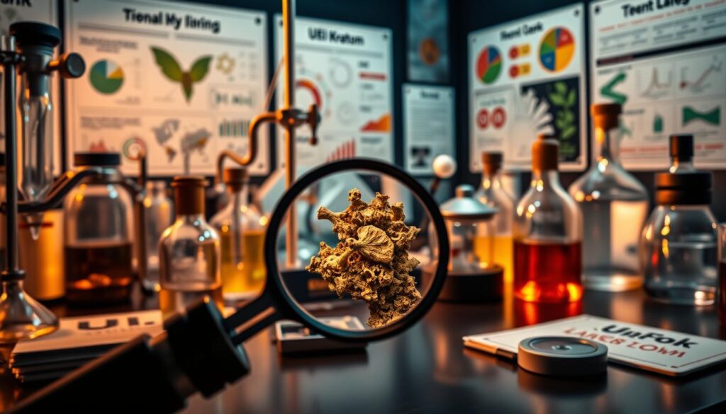 A meticulously crafted laboratory setup with an array of scientific instruments and glassware, bathed in warm, focused lighting that highlights the intricate details. In the foreground, a magnifying glass examines the subtle nuances of an UEI Kratom specimen, revealing its unique molecular structure. Surrounding the central focus are informative infographics and charts, providing insights into the complex phytochemistry and therapeutic potential of this exceptional botanical. The overall atmosphere conveys a sense of scientific rigor and wonder, inviting the viewer to delve deeper into the captivating 'Science of UEI Kratom'.