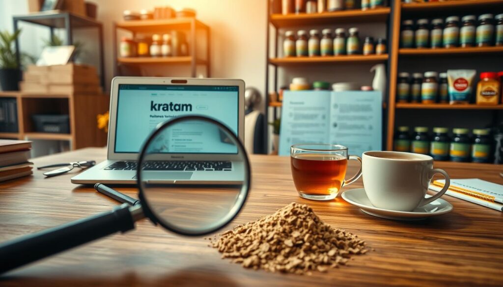 A neatly organized desk with various items related to purchasing kratom. In the foreground, a magnifying glass examines a sample of kratom powder, highlighting the need for close inspection. In the middle ground, an open laptop displays information on reliable vendors, with a cup of tea nearby, conveying a sense of thoughtful consideration. The background features shelves stocked with various kratom products, bathed in warm, natural lighting to create a calming, trustworthy atmosphere. The overall scene emphasizes the importance of caution, research, and responsible sourcing when acquiring this botanical supplement.