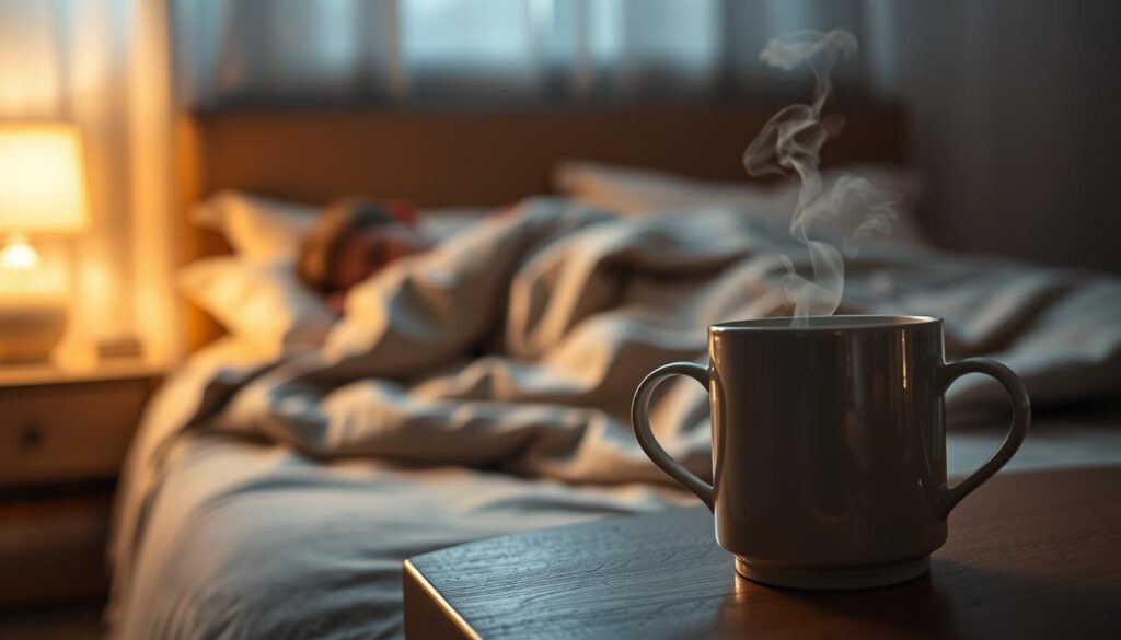 A serene, dimly lit bedroom scene featuring a person relaxing on a comfortable bed, wrapped in a soft, plush blanket. The lighting is warm and gentle, casting a soothing glow throughout the space. In the foreground, a bedside table holds a mug of steaming tea, a symbol of rest and rejuvenation. The background is blurred, creating a sense of tranquility and privacy. The overall atmosphere is one of deep relaxation and healing, perfectly capturing the essence of "kratom hangover relaxation."