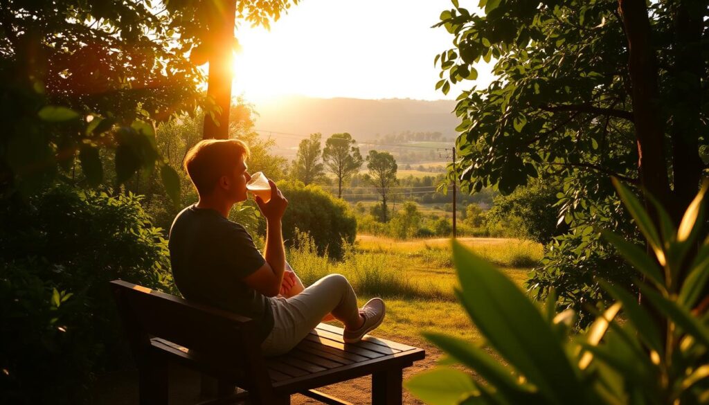 A serene outdoor scene depicting the best times to enjoy a Kava Kratom Shot. In the foreground, a person sits comfortably on a wooden bench, savoring the beverage against a backdrop of lush, verdant foliage. The warm, golden light of the afternoon sun filters through the trees, casting a soft glow and creating a sense of tranquility. In the middle ground, a picturesque countryside landscape unfolds, with rolling hills and a distant horizon. The overall atmosphere is one of calm, rejuvenation, and a connection to nature - perfectly suited for the refreshing wellness boost of a Kava Kratom Shot.