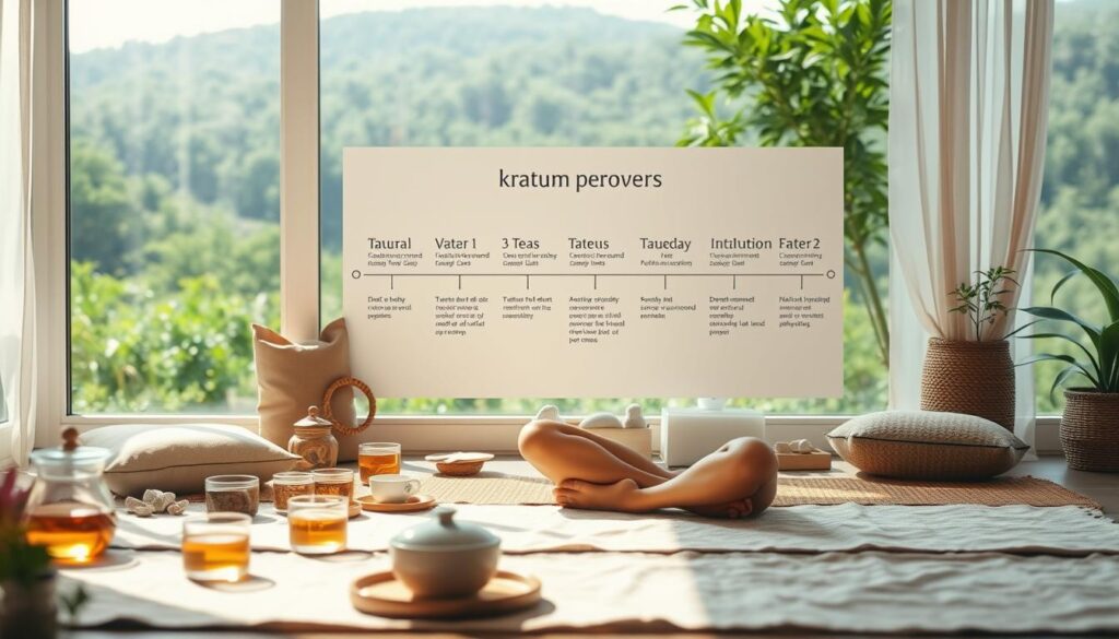 A tranquil, sunlit environment showcases the kratom detox process. In the foreground, a person sits cross-legged, their expression serene as they navigate the physical and emotional challenges of withdrawing from kratom. Surrounding them, an array of natural remedies and soothing elements - calming teas, meditation cushions, and a soft, earthy palette - create a comforting, nurturing space. In the middle ground, a timeline chart illustrates the gradual tapering process, guiding the viewer through the stages of recovery. The background features a lush, verdant landscape, suggesting the restorative power of nature during this transformative journey. Soft, diffused lighting and a sense of stillness convey the introspective nature of the kratom detox experience.