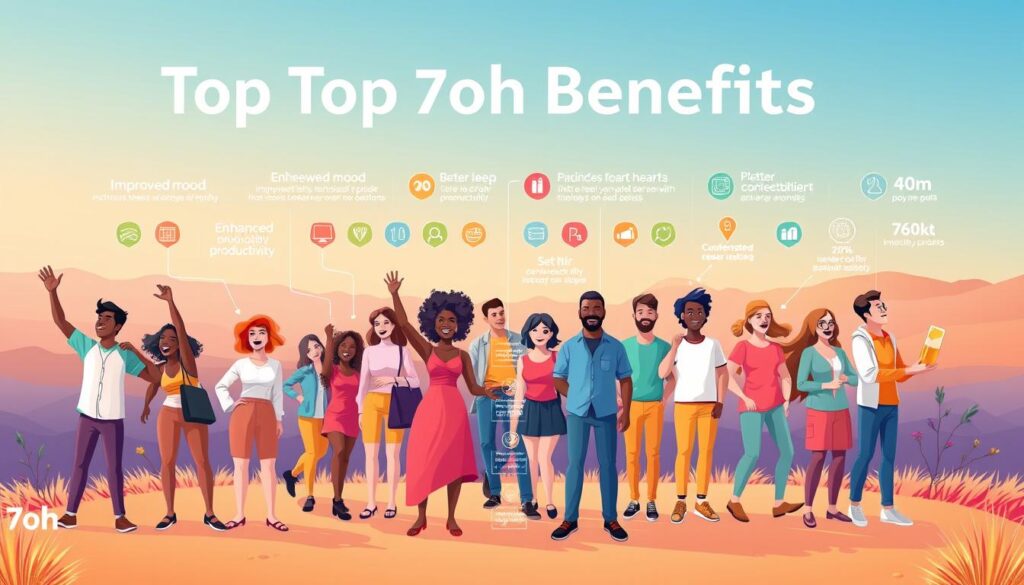 A vibrant and detailed illustration showcasing the top 7oh benefits. In the foreground, a group of diverse people joyfully experiencing the advantages of 7oh - improved mood, enhanced productivity, better sleep, and more. The middle ground features an array of colorful icons and infographic elements highlighting each benefit. The background is a serene, minimalist landscape with a warm, natural lighting, creating a calming and inspiring atmosphere. The composition is well-balanced, drawing the viewer's attention to the key features. This image effectively conveys the positive impact and versatility of the 7oh lifestyle.