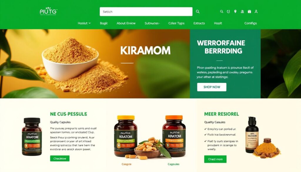 A vibrant, high-quality e-commerce website showcasing various premium kratom products, including powders, capsules, and extracts. The website features a clean, modern design with a warm, inviting color palette, high-resolution product images, and detailed information about the sourcing and quality control processes. The layout is intuitive and user-friendly, with clear navigation and a seamless checkout experience. The overall atmosphere conveys a sense of professionalism, reliability, and a commitment to providing customers with top-notch kratom products.