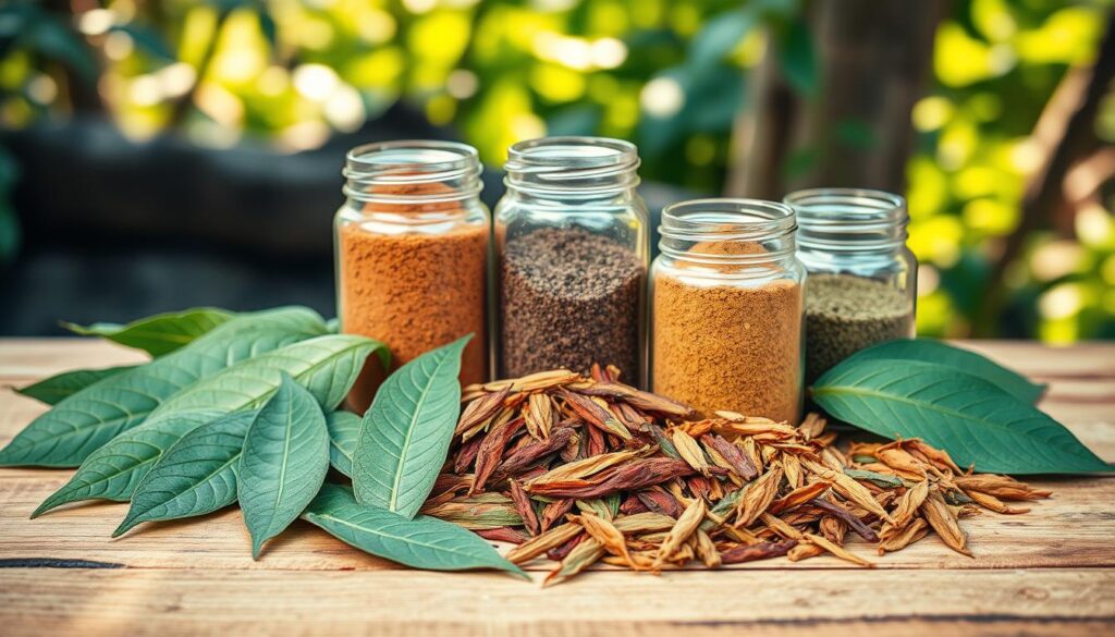 A vibrant still life depicting various kratom strains, arranged artfully on a natural wooden surface. The foreground showcases an array of dried kratom leaves in distinct shades of green, red, and gold, each strain showcasing its unique properties. In the middle ground, several glass jars containing powdered kratom in varying hues stand out, casting soft shadows on the wooden backdrop. The background features a subtle, blurred natural environment, suggesting an outdoor setting, with hints of lush foliage peeking through. The lighting is warm and diffused, creating a serene, inviting atmosphere that highlights the organic, earthy tones of the kratom samples. The overall composition conveys the diversity and natural appeal of these popular herbal supplements.