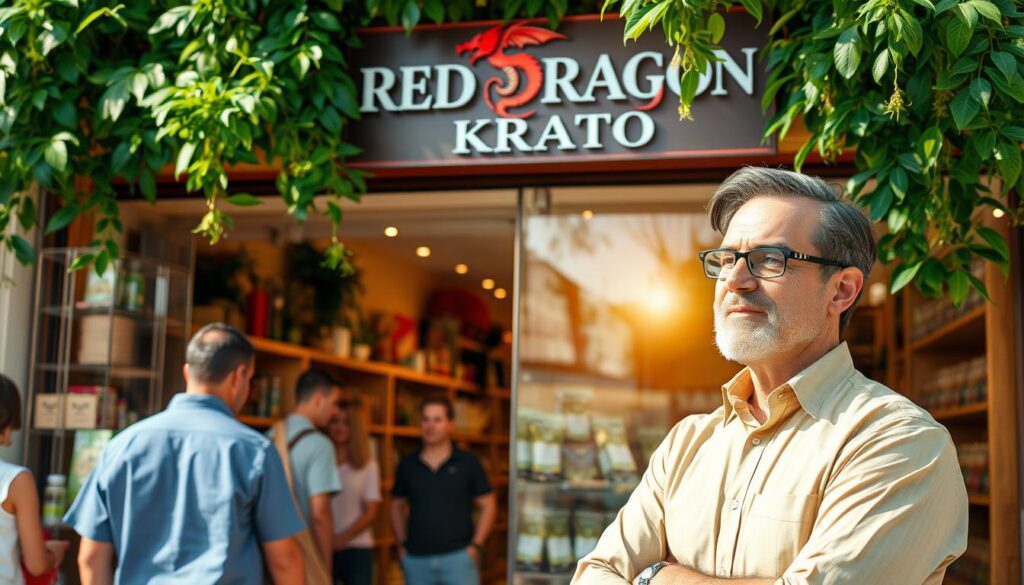 A vibrant, sun-drenched storefront, its windows adorned with lush greenery and a prominent sign reading "Red Dragon Kratom". Customers browse the shelves, examining the artfully displayed packages of the premium kratom strain. The interior is warm and inviting, with natural wood accents and soft lighting creating a calming ambiance. In the foreground, a knowledgeable staff member is ready to guide customers through the selection, highlighting the unique properties and benefits of the Red Dragon variety. The overall scene conveys a sense of quality, expertise, and a dedication to natural wellness.