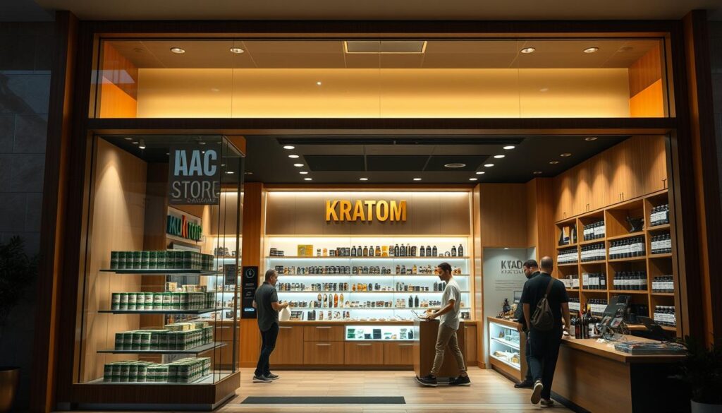 A well-lit, modern kratom store storefront with a large display window showcasing various kratom products. The store has a warm, inviting atmosphere with a sleek, minimalist design. The entrance is framed by natural wood accents, and the interior features clean lines, neutral colors, and subtle lighting. Customers can be seen browsing the selection of high-quality kratom powders, capsules, and tinctures, all displayed on stylish shelves and counters. The overall impression is one of professionalism, quality, and trustworthiness, reflecting the reliable and safe nature of the kratom products offered within.