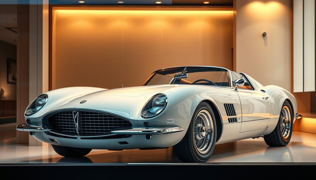 A well-lit storefront display showcasing a pristine, vintage-inspired 7oh sports car. The vehicle's sleek, retro-futuristic design commands attention, its chrome accents gleaming under the warm, ambient lighting. The background features a minimalist, modern interior, with clean lines and subtle textures that complement the car's aesthetic. The overall composition evokes a sense of sophistication and exclusivity, hinting at the car's desirability and potential as a coveted collector's item. The scene is captured through a slightly elevated camera angle, lending an air of grandeur and emphasizing the 7oh's striking presence.