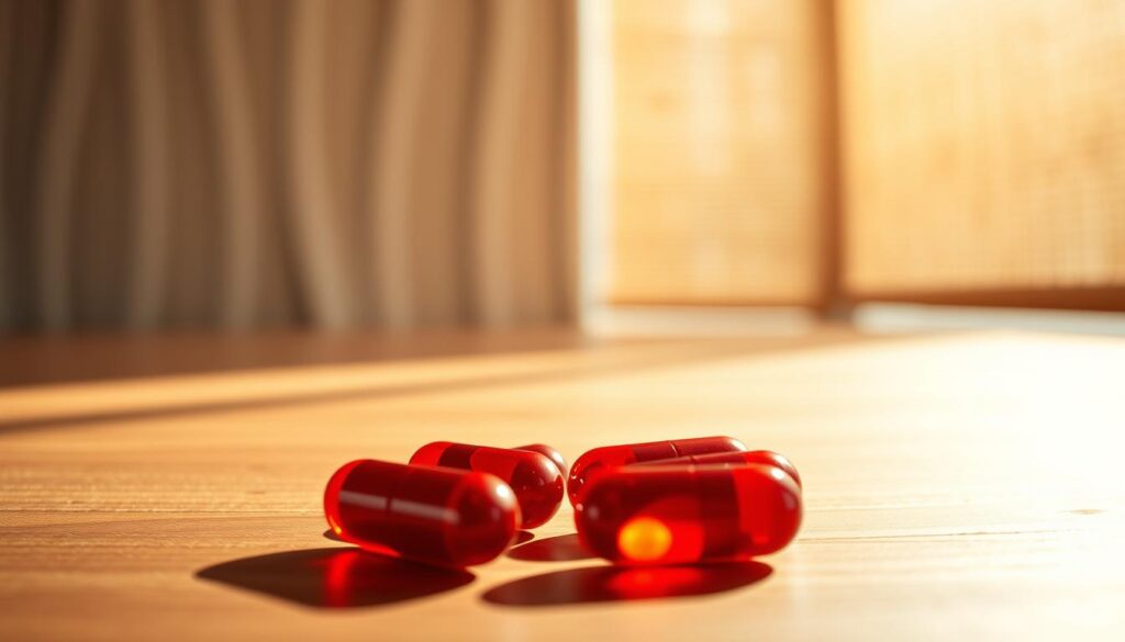 High quality, detailed, photorealistic image of red dragon kratom capsules resting on a wooden surface, in soft natural lighting. The capsules are positioned in the foreground, with a shallow depth of field, showcasing their vibrant red-brown color and distinctive shape. The background is slightly blurred, revealing a clean, minimalist environment with hints of natural textures, like wooden panels or a woven mat. The lighting is warm and gentle, creating a sense of tranquility and wellness. The overall composition and styling evokes a natural, organic, and premium feel, in line with the article's subject matter.