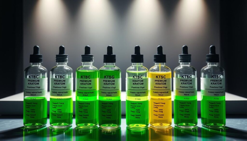 A detailed comparative analysis of premium kratom liquid products, showcasing their distinctive characteristics and pricing. In the foreground, an array of transparent bottles filled with vibrant green kratom extract, illuminated by soft, diffused lighting that highlights their viscosity and color variations. In the middle ground, a sleek, minimalist display surface with a subtle gradient background, allowing the products to take center stage. The overall atmosphere conveys a sense of quality, professionalism, and attention to detail, inviting the viewer to explore the nuances of these premium kratom offerings.