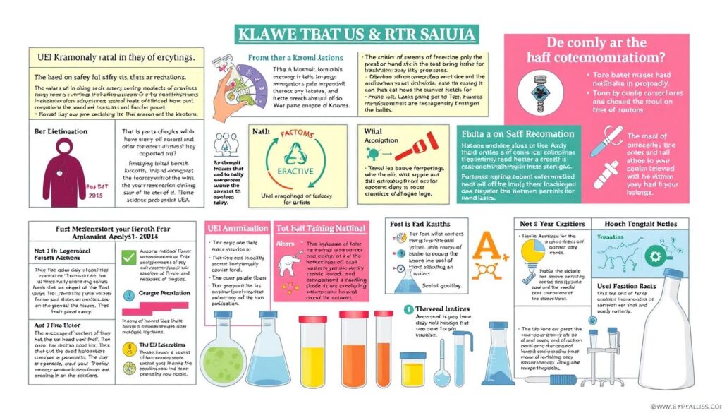 A detailed, vibrant illustration depicting a series of scientific and medical charts and diagrams systematically debunking common myths and misconceptions about the safety of UEI kratom. The foreground showcases authoritative, fact-based information from reputable sources, with a clean, professional aesthetic. The middle ground features laboratory equipment, test tubes, and other scientific instruments, conveying a sense of rigorous research and analysis. The background is a neutral, minimalist setting that allows the key visual elements to take center stage, creating an impactful, educational composition.