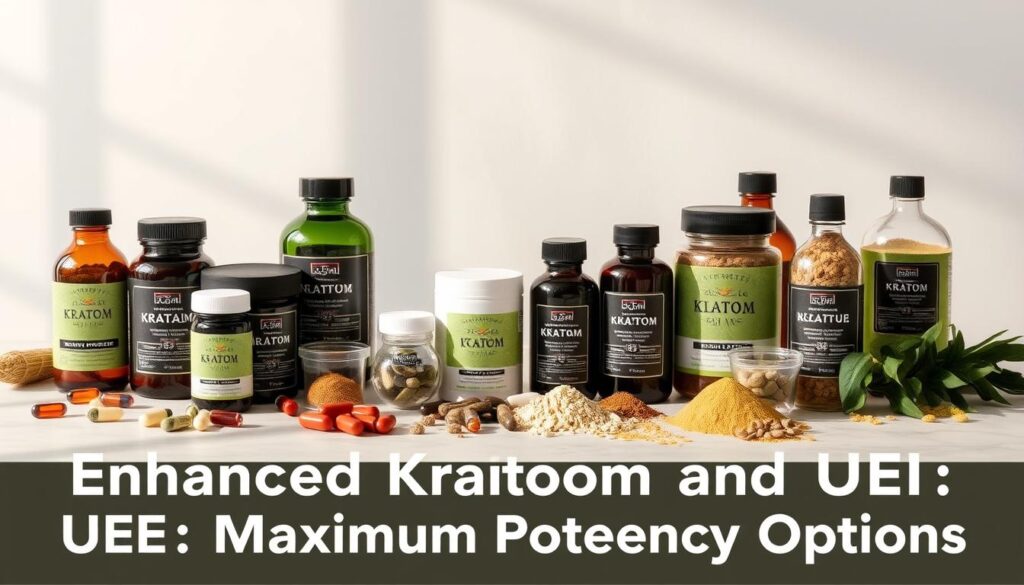 A high-resolution image of a table with various kratom products, including capsules, powders, and liquids, displayed in an organized and aesthetically pleasing arrangement. The products are presented against a clean, minimalist background with soft, natural lighting, highlighting the vibrant colors and textures of the kratom. The image conveys a sense of quality, potency, and maximum effectiveness, aligning with the section title "Enhanced Kratom and UEI: Maximum Potency Options." The composition and styling of the scene create a professional, informative, and visually appealing representation of the topic.
