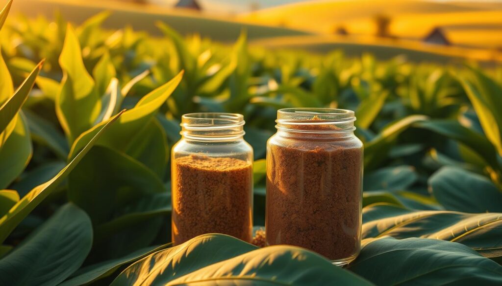 A sun-drenched field of verdant kratom leaves, their vibrant green hues illuminated by warm, golden light. In the foreground, a glass jar filled with a fine, powdery substance - UEI kratom, its rich, earthy aroma permeating the air. The jar is set against a backdrop of serene, rolling hills, with a sense of tranquility and rejuvenation permeating the scene. The lighting is soft and diffused, creating a sense of calm and well-being. The composition is balanced, with the jar and leaves occupying the focal point, drawing the viewer's attention to the unique properties and benefits of this enhanced kratom blend.