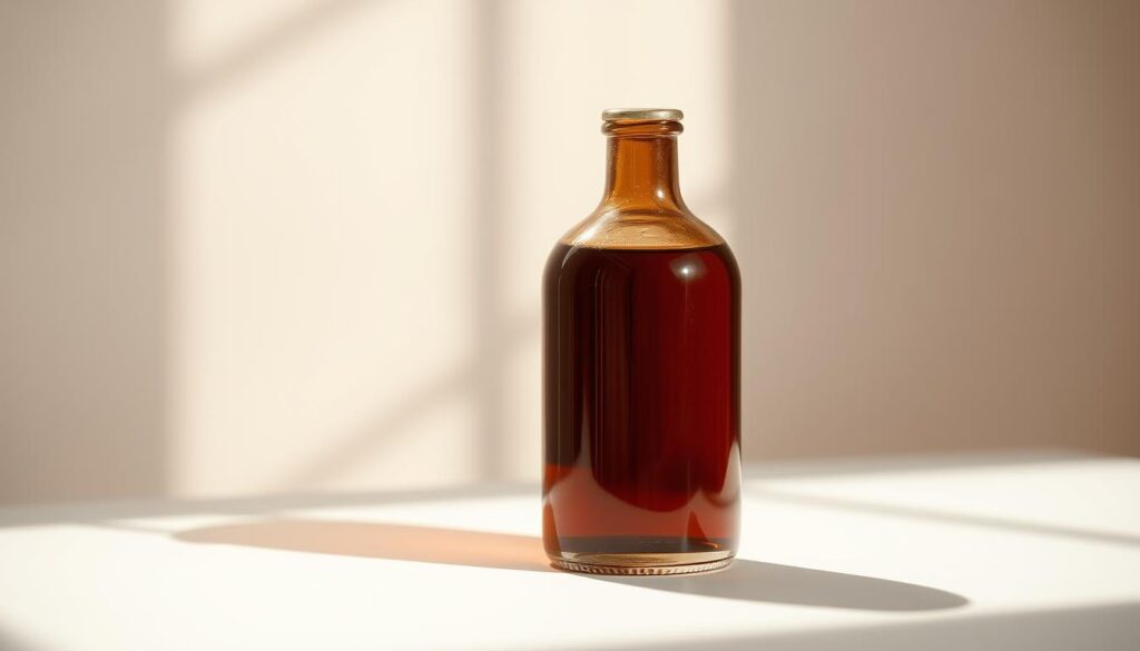 A sunlit, minimalist composition featuring a glass bottle filled with rich, amber-colored liquid kratom extract. The bottle is placed on a clean, white surface, casting a soft shadow. The lighting is warm and diffused, creating a sense of natural, inviting elegance. In the background, a blurred, neutral-toned wall provides a simple, uncluttered backdrop, allowing the focal point of the liquid kratom to shine. The overall mood is one of purity, transparency, and the natural benefits of this premium botanical supplement.