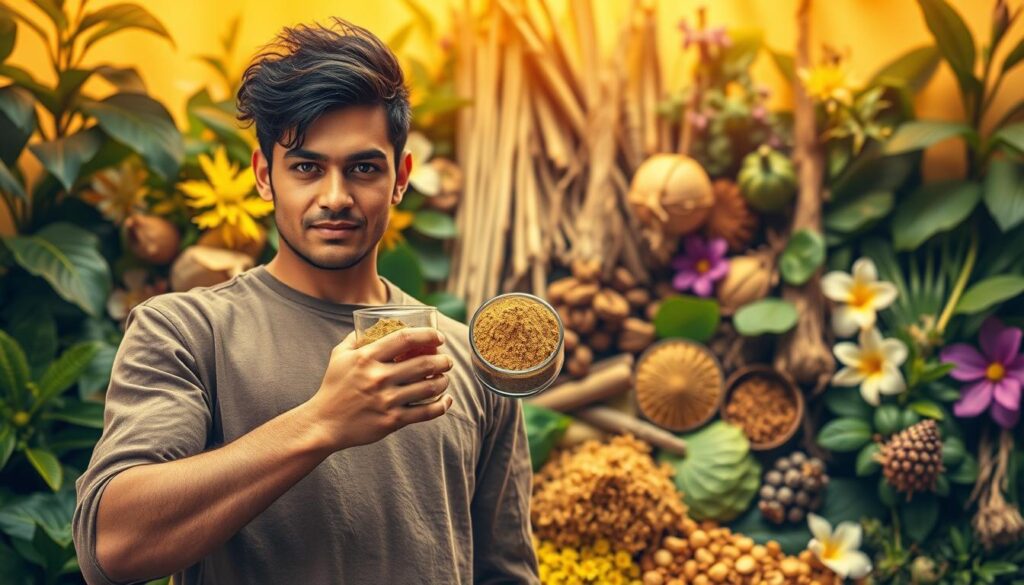 A vibrant, high-energy scene depicting the benefits of Trainwreck kratom for enhanced focus and productivity. In the foreground, a person stands confidently, their face alight with a determined expression as they hold a cup of the kratom powder. The middle ground features an array of natural ingredients associated with kratom, such as green leaves, stems, and flowers, creating a lush, verdant backdrop. The background is illuminated by warm, golden lighting, evoking a sense of natural vitality and well-being. The overall composition conveys the idea of Trainwreck kratom as a transformative, energizing force that empowers the user to tackle the day with enhanced mental clarity and physical stamina.