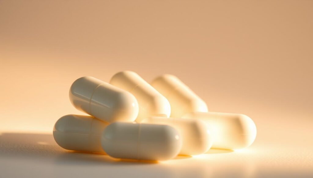A beautifully lit close-up of white horn kratom capsules, illuminated from the side to accentuate their pearlescent sheen. The capsules are arranged in a slight arc, showcasing their smooth, oval shape and pristine, powder-white hue. The background is a soft, diffused gradient, lending an airy, natural atmosphere to the scene. The lighting is warm and gentle, creating subtle shadows that lend depth and dimension to the capsules. The composition is balanced and visually pleasing, drawing the viewer's attention to the delicate, medicinal nature of the white horn kratom.