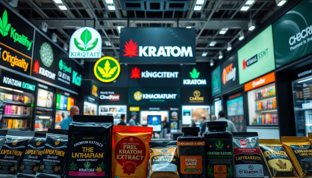 A bustling e-commerce marketplace featuring prominently displayed logos and branding of top-rated kratom extract vendors. The foreground showcases a selection of high-quality kratom extract products, their packaging meticulously designed with vibrant colors and eye-catching graphics. In the middle ground, virtual storefronts and websites of leading kratom brands are visible, each offering a wide range of premium-grade kratom extracts. The background depicts a clean, modern tech environment with sleek interfaces and intuitive user experiences, reflecting the ease and convenience of online kratom extract shopping. Soft, diffused lighting creates a professional, trustworthy atmosphere, inviting the viewer to explore and discover the power of King Kratom Extract.