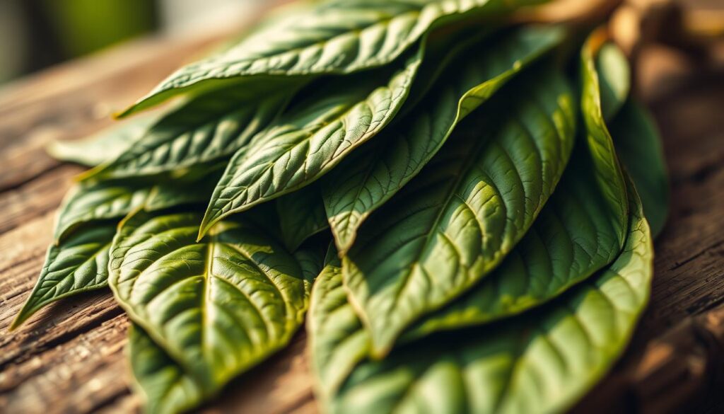 A close-up of a handful of authentic green Thai kratom leaves, their vibrant green hue glistening in warm, natural lighting. The leaves are cradled atop a rustic wooden surface, their veins and textures visible in striking detail. The image conveys a sense of purity and potency, showcasing the botanical's quality indicators. The shallow depth of field focuses the viewer's attention on the kratom, while a softly blurred background hints at the plant's verdant origins. Captured with a high-quality macro lens, the image presents an intimate, almost tactile representation of this natural therapeutic herb.