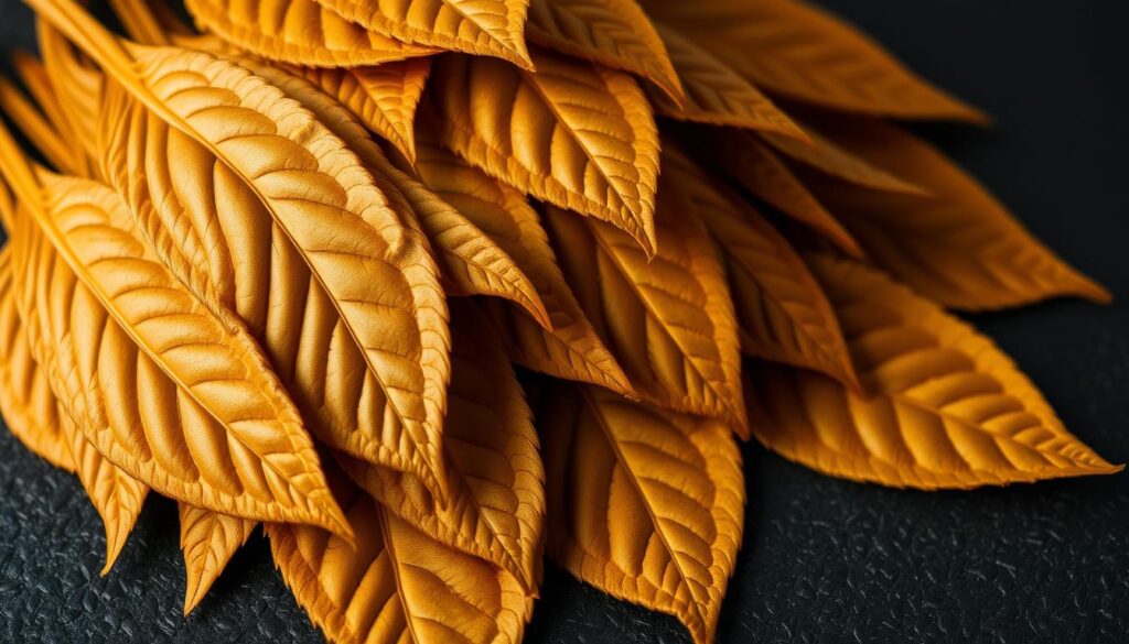 A close-up photograph of a heap of fragrant, golden-brown Borneo kratom leaves, their veins glistening under warm, directional lighting. The leaves are artfully arranged on a dark, textured surface, creating a sense of depth and highlighting the botanical details. The image conveys the natural potency and therapeutic potential of this strain, inviting the viewer to explore its unique alkaloid profile and medicinal effects.