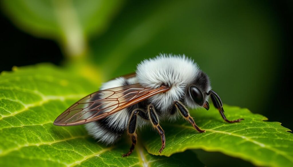 A close-up shot of a White Borneo Bumble Bee resting on a lush green leaf. The bee's fuzzy white and black striped body is captured in crisp detail, its compound eyes reflecting the natural light. Delicate wings are outstretched, revealing the intricate patterns. The leaf's veins and textures create a natural, organic backdrop, enhancing the bee's beauty. Soft, diffused lighting illuminates the scene, creating a serene, naturalistic atmosphere. The composition is well-balanced, drawing the viewer's attention to the captivating subject. This image offers a striking visual representation of the unique White Borneo Bumble Bee strain.