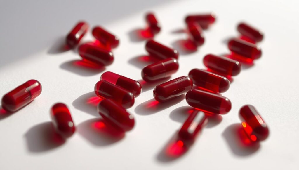 A close-up shot of a group of red hulu kratom capsules, arranged neatly on a plain white background. The capsules are illuminated from the side, casting soft shadows and highlights that accentuate their vibrant, ruby-red hue. The lighting is soft and diffused, creating a warm, soothing atmosphere. The camera angle is slightly tilted, giving the viewer a sense of intimacy and inviting them to examine the capsules in detail. The focus is sharp, ensuring the capsules are the clear focal point of the image, while the background remains clean and uncluttered, allowing the subject to take center stage.