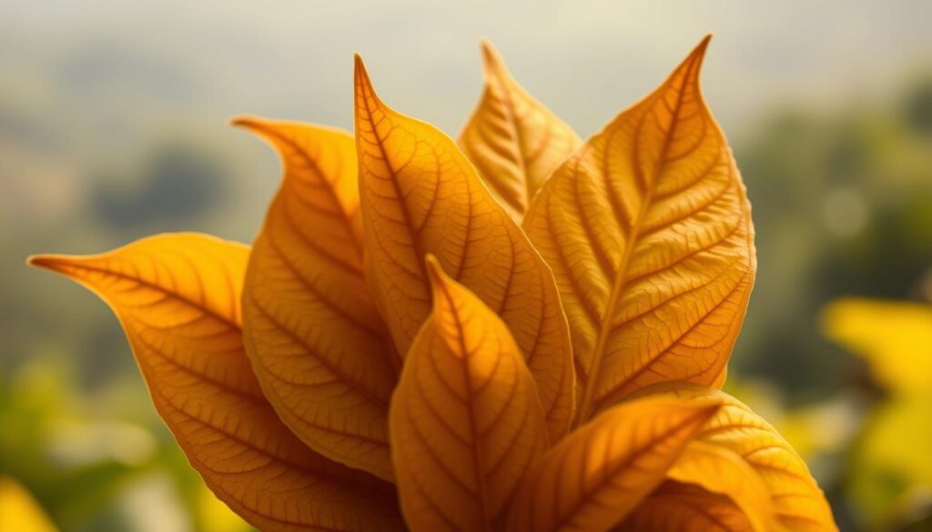 A close-up shot of a handful of vibrant, golden-colored kratom leaves, their veins and intricate textures highlighted by soft, warm lighting. The leaves are arranged artfully against a serene, out-of-focus natural background, perhaps a lush, green forest or a tranquil, earthy scene. The overall composition conveys a sense of the natural, restorative benefits of this premium kratom strain, with a focus on its rich, golden hue and the care and attention given to its cultivation.