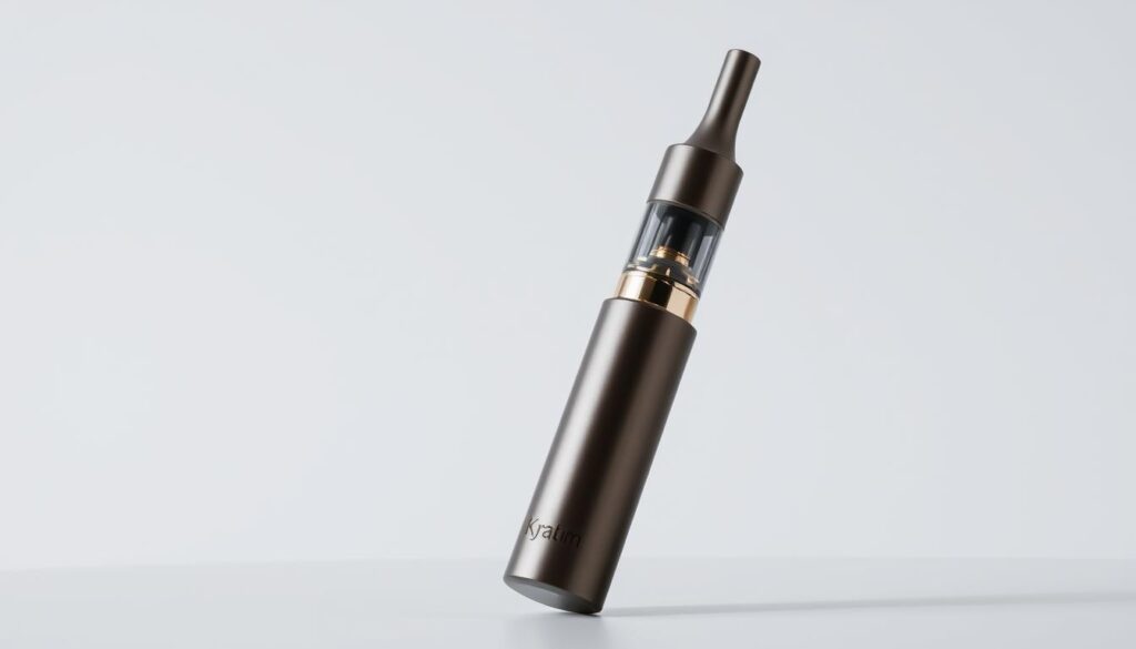 A close-up shot of a sleek, modern-looking kratom vape pen set against a plain, minimalist background. The vape pen is displayed in a well-lit, studio-style setting, with soft, natural lighting highlighting its smooth, metallic surface and elegant design. The vape pen is the central focus, capturing the viewer's attention and conveying a sense of sophistication and wellness. The image should emphasize the benefits of using a kratom vape pen, such as its potential to provide a natural, calming experience.