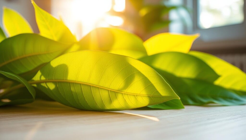 A close-up shot of fresh green kratom leaves with vibrant yellow veins running through them, illuminated by warm, natural sunlight filtering through a window. The leaves are displayed on a neutral, wooden surface, creating a calming, earthy atmosphere. The focus is sharp, highlighting the intricate details and textures of the leaves, while the background is slightly blurred, directing the viewer's attention to the key subject. The overall composition evokes a sense of botanical wonder and the unique properties of this herbal supplement.