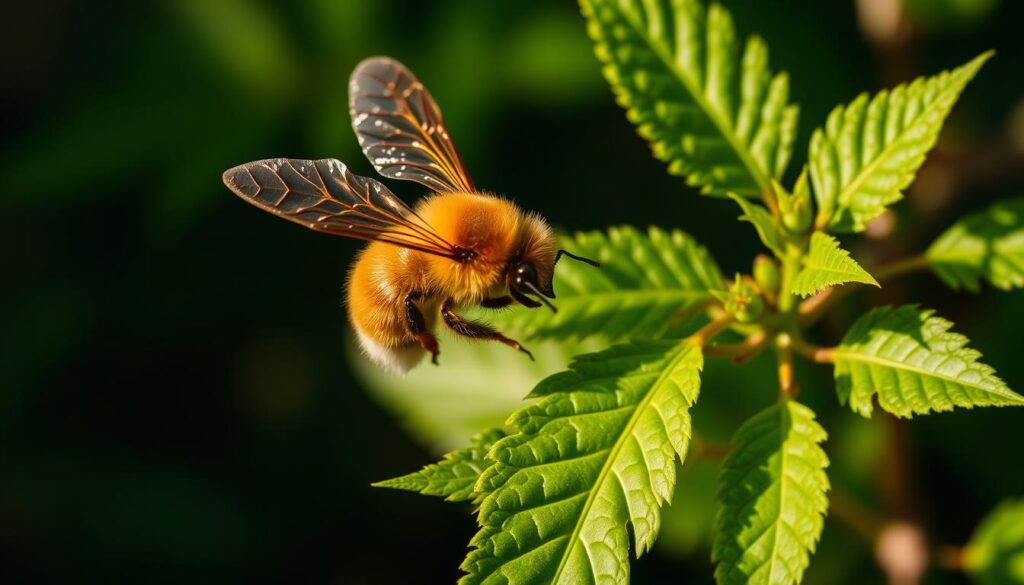 A close-up view of a golden-yellow bumblebee hovering over a lush green Kratom plant, its delicate wings a blur as it pollinates the fragrant leaves. The scene is bathed in warm, natural lighting, casting gentle shadows and highlights that accentuate the intricate details of the plant's serrated foliage and the insect's fuzzy body. The background is blurred, focusing the viewer's attention on the harmonious interplay between the bumblebee and the Kratom, symbolizing the safety and natural origins of this herbal supplement. The overall composition conveys a sense of balance, tranquility, and the importance of environmental preservation.