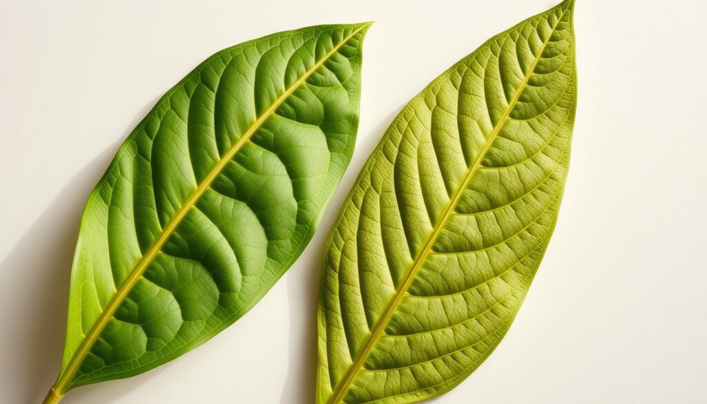 A close-up view of two different strains of UEI (Ultra Enhanced Indo) kratom leaves, side by side on a clean, neutral background. The leaves are meticulously detailed, showcasing their unique vein patterns, textures, and shades of green. Soft, natural lighting from the side gently accentuates the leaves' contours, creating depth and dimension. The composition is balanced, drawing the viewer's attention to the subtle differences between the two kratom varieties. The overall mood is one of scientific curiosity and botanical appreciation, inviting the viewer to closely examine and compare the distinctive features of these kratom strains.