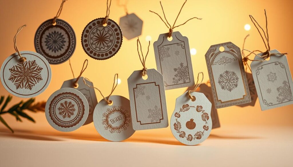 A collection of hand-crafted gift tags floating against a warm, softly-lit background. Crisp, textured paper with intricate patterns and designs in a variety of shapes and sizes - circles, rectangles, tags with string ties, and more. Warm metallic foil accents catch the light, creating a sense of luxury and thoughtfulness. The tags are arranged in a visually pleasing, natural composition, casting gentle shadows on the surfaces behind them. The overall mood is cozy, intimate, and inviting - perfect for wrapping presents or adding a personal touch to any gift-giving occasion.