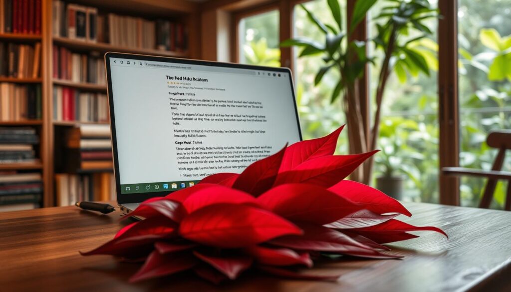 A cozy, well-lit study filled with books, warm wooden furniture, and a large window overlooking a lush, verdant garden. On the desk, a stack of red kratom leaves, their vibrant hues contrasted against the earthy tones of the room. Framing the leaves, a laptop displays a web page with enthusiastic reviews of Red Hulu Kratom, its calming effects and transformative benefits described in vivid detail. The scene is bathed in soft, natural lighting, conveying a sense of tranquility and introspection.