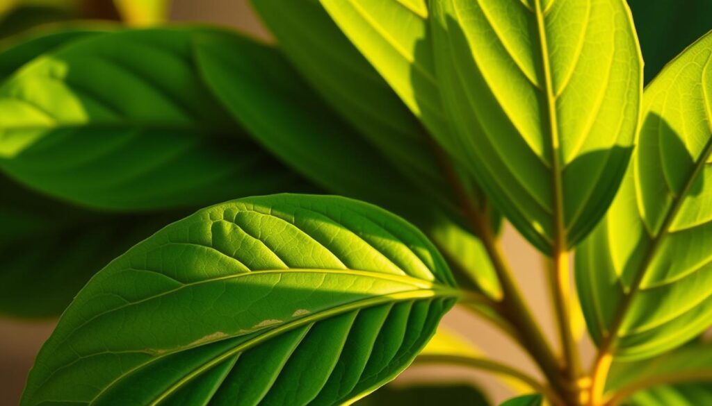 A crisp, close-up photograph of a handful of vibrant green kratom leaves, their veins and textures visible in fine detail, set against a soft, blurred background. The leaves are illuminated by warm, natural lighting, casting gentle shadows and highlights that accentuate their organic form. The composition is balanced and inviting, drawing the viewer's attention to the intricate beauty and potential benefits of this medicinal plant.