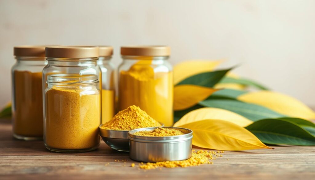 A crisp, well-lit photograph showcasing a variety of high-quality yellow vein kratom products. In the foreground, several glass jars filled with the vibrant, golden-hued powder stand on a wooden surface. The middle ground features an array of kratom leaves, their veins distinctly yellow, resting alongside the jars. The background is a soft, neutral tone, allowing the kratom products to take center stage. The lighting is natural and diffused, creating a warm, inviting atmosphere. The overall composition is balanced and showcases the purity, potency, and allure of this premium yellow vein kratom. The image conveys a sense of quality, transparency, and the care taken in sourcing and preparing these highly sought-after kratom products.