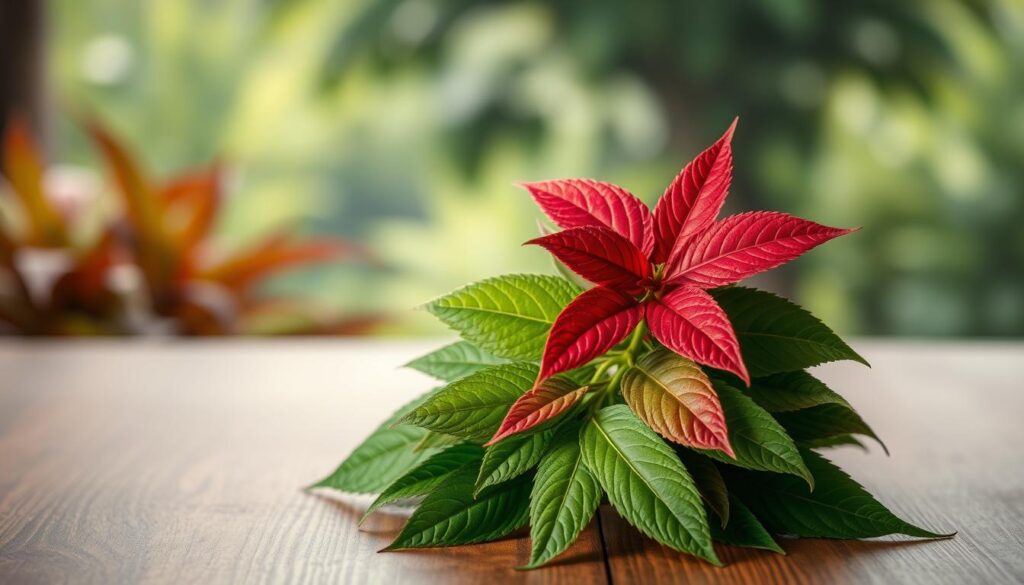 A detailed, high-resolution image showcasing the distinct characteristics of Super Indo Kratom and Maeng Da Kratom side-by-side. In the foreground, two stacks of Kratom leaves in vibrant shades of green and red, with the Super Indo leaves displaying a deeper, richer hue compared to the lighter, more muted Maeng Da leaves. In the middle ground, a wooden table or surface, featuring a sleek, minimalist design that accentuates the natural beauty of the Kratom. The background is a soft, natural setting, perhaps with a subtle hint of lush greenery or a serene, natural landscape, creating a calming and inviting atmosphere. The lighting is soft and diffused, highlighting the textures and nuances of the Kratom leaves. The overall composition is balanced, with a clear focus on the two Kratom strains and their distinct characteristics.