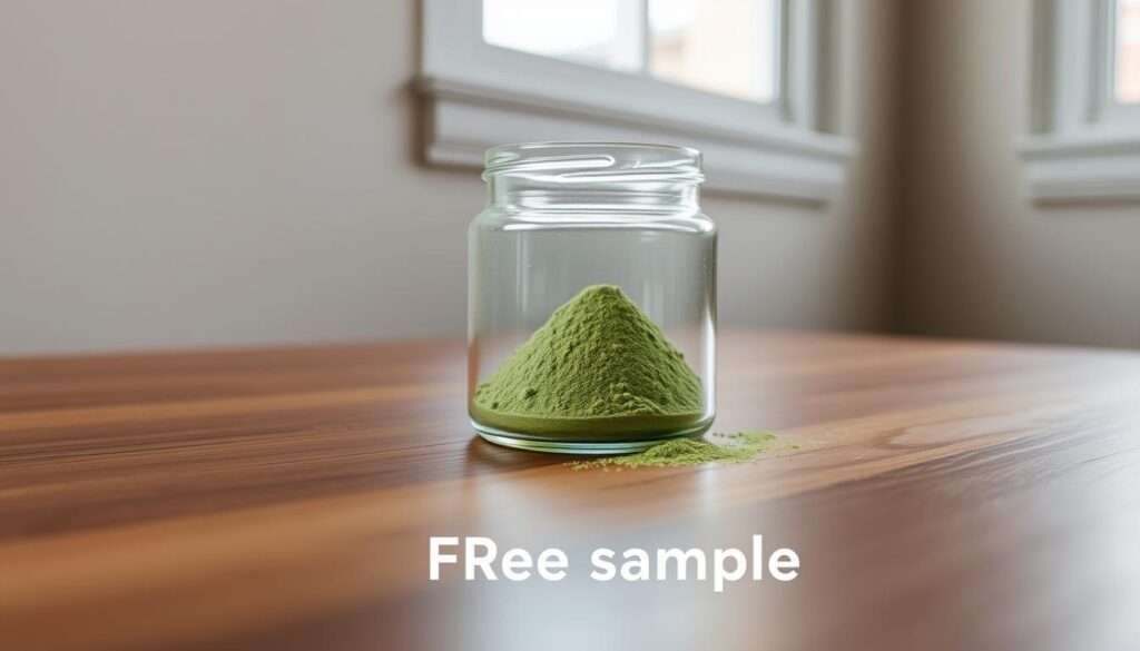 A glass jar filled with a fine, powdery green substance rests on a wooden surface, illuminated by natural lighting from a window. The kratom powder appears fresh and untouched, inviting the viewer to request a free sample. The jar is placed against a neutral, minimalist backdrop, allowing the product to take center stage. The composition is clean and balanced, with a sense of simplicity and purity that reflects the natural essence of the kratom plant. The overall mood is one of transparency and accessibility, encouraging the viewer to explore the benefits of this natural supplement.