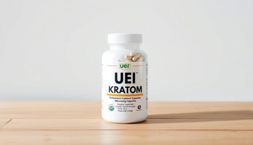 A high-quality photograph of a white plastic bottle filled with UEI kratom capsules, placed on a wooden table against a plain white background. The bottle's label prominently displays the UEI kratom branding and product details. The lighting is natural and diffused, creating soft shadows and highlighting the texture of the capsules. The camera is positioned at a slight angle, capturing the bottle's three-dimensional form. The overall composition is clean, balanced, and showcases the key subject in an appealing, informative manner.