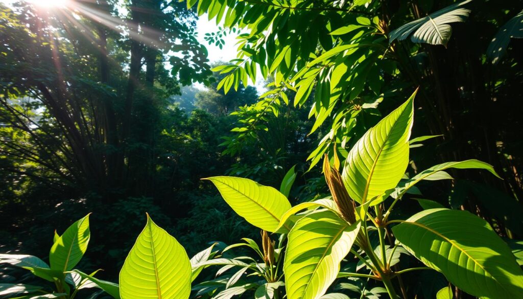 A lush, verdant Vietnamese landscape, with towering, leafy kratom trees casting soft, dappled shadows across the forest floor. In the foreground, several vibrant green kratom leaves, their intricate veins and serrated edges accentuated by warm, natural lighting. The middle ground features a selection of different kratom strains, their distinctive colors and shapes showcased against a backdrop of dense, tropical foliage. Subtle rays of sunshine filter through the canopy, creating a warm, inviting atmosphere. The overall scene conveys the natural, serene essence of Vietnam's renowned kratom, highlighting its unique qualities compared to other regional variants.