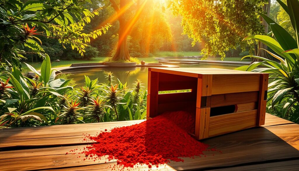 A lush, verdant backdrop sets the stage, with vibrant foliage and a serene pond in the distance. In the foreground, a wooden crate rests on a rustic table, its contents spilling forth - a rich, crimson powder, the essence of the Red Dragon Kratom. Rays of warm, golden sunlight filter through the scene, casting a natural, inviting glow. The image conveys a sense of wellness, vitality, and the allure of discovering this natural wonder. A high-resolution, wide-angle lens captures the scene, showcasing the product in a visually compelling and authentic manner.