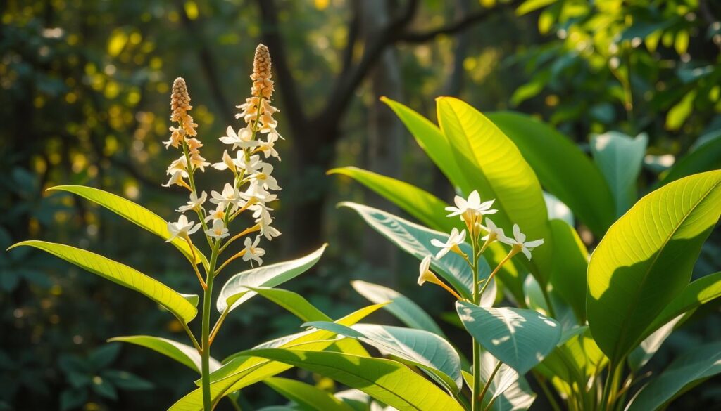 A lush, verdant forest backdrop sets the stage for the captivating white elephant kratom plant. In the foreground, the broad, serene leaves sway gently in the warm, golden sunlight, their vibrant green hues accentuated by the soft, diffused lighting. The plant's thick, sturdy stems rise gracefully, supporting the delicate, ivory-white flowers that bloom with a serene, elegant beauty. The image conveys a sense of natural tranquility and the untapped potential of this remarkable botanical wonder, inviting the viewer to explore its therapeutic benefits of enhanced energy, focus, and mood.