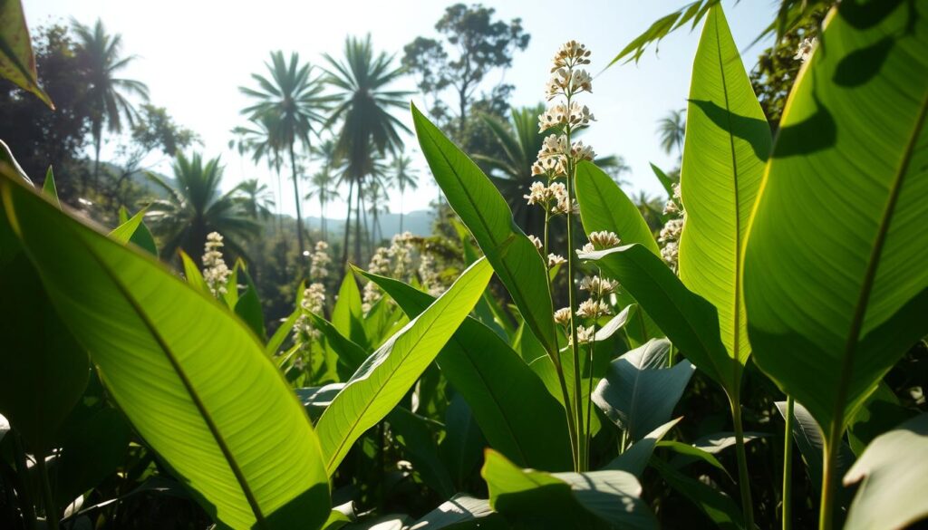 A lush, verdant landscape filled with the vibrant green leaves of the Borneo kratom plant. Sunlight filters through the canopy, casting a warm, natural glow on the scene. In the foreground, several large kratom leaves sway gently in a light breeze, their veins and textures meticulously detailed. The middle ground showcases the plant's slender, graceful stems reaching upward, culminating in clusters of delicate white flowers. In the distance, a hazy backdrop of towering trees and a clear blue sky, creating a serene, tranquil atmosphere. The overall mood conveys the potent, restorative effects of this remarkable botanical, harnessing the essence of the Borneo rainforest.