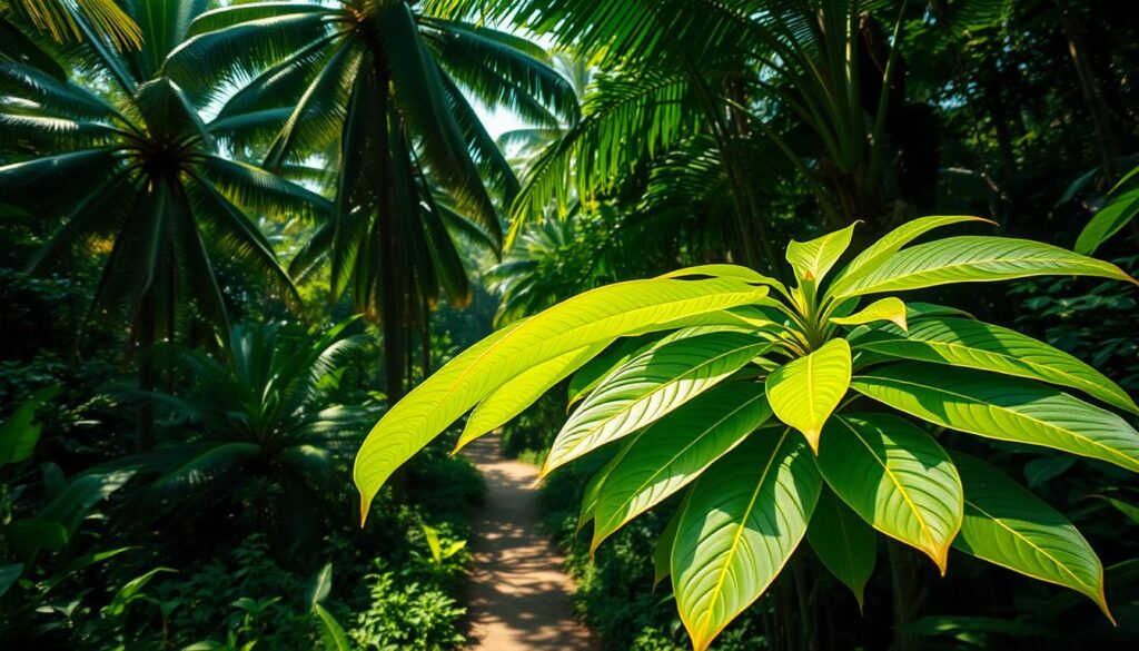 A lush, verdant landscape with towering palm trees casting dappled shadows across the forest floor. In the foreground, a cluster of vibrant green kratom leaves, their veins shimmering with a golden hue, sway gently in the warm breeze. The leaves appear to be freshly harvested, their surfaces catching the soft, diffused light filtering through the canopy above. In the middle ground, a winding path leads deeper into the dense, tropical foliage, hinting at the natural wonder that lies beyond. The overall scene exudes a sense of tranquility and vitality, capturing the essence of the prized "Bali Gold" kratom strain.