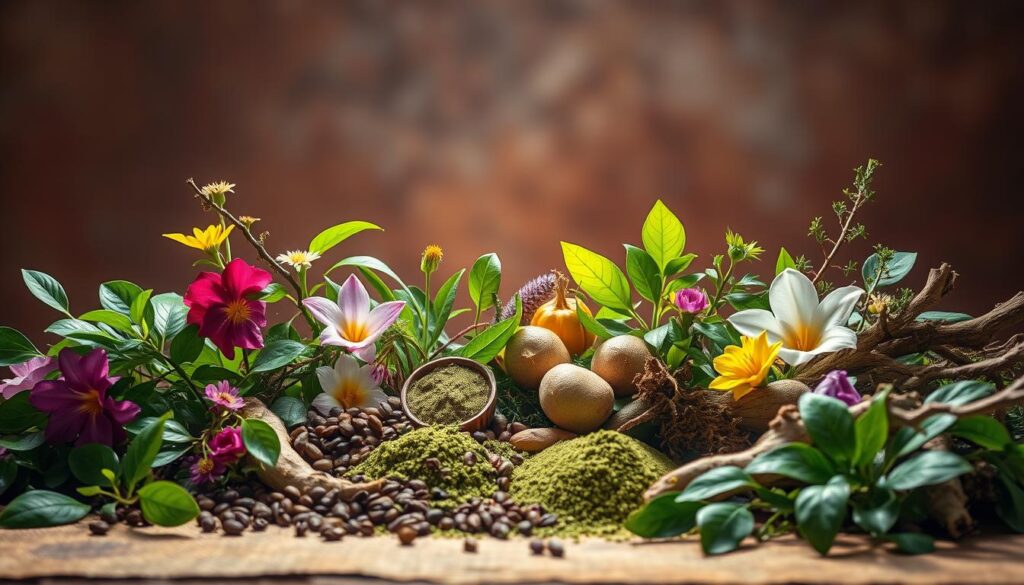 A lush, vibrant arrangement of energetic botanicals against a warm, earthy backdrop. In the foreground, an artful display of fresh green leaves, vibrant flowers, and gnarled roots, illuminated by soft, diffused lighting that accentuates their natural textures and hues. The middle ground features a mix of herbal ingredients, like whole coffee beans, matcha powder, and ginseng roots, arranged in a visually striking manner. In the background, a hazy, atmospheric setting with a hint of natural, muted tones, creating a sense of balance and harmony. The overall composition conveys a feeling of vitality, focus, and the restorative power of nature.