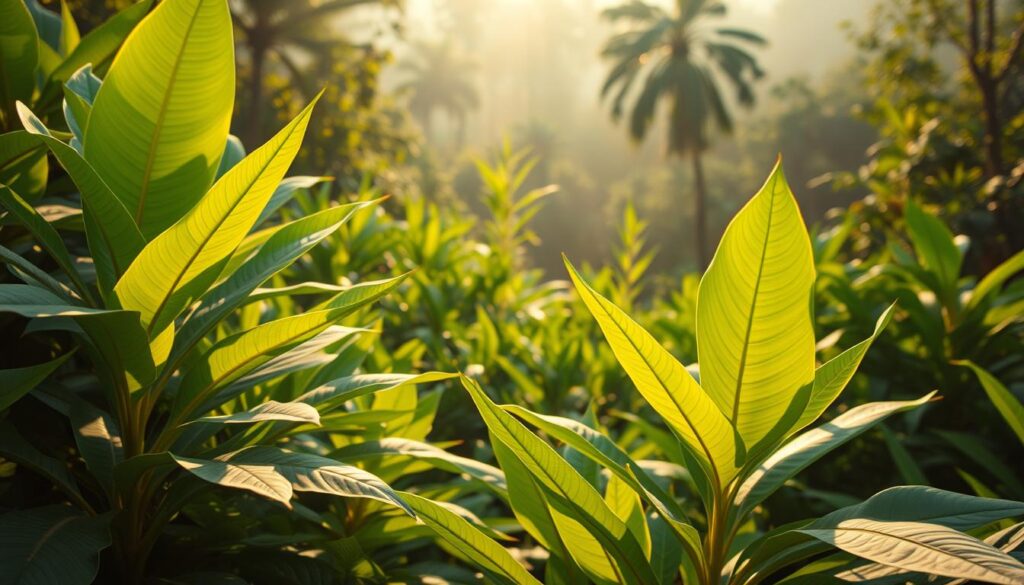A lush, vibrant landscape of dense, verdant foliage with the distinctive broad leaves of the green Vietnam kratom plant prominently featured in the foreground. The leaves are bathed in warm, golden sunlight, creating a serene and inviting atmosphere. In the middle ground, the plants sway gently in a light breeze, while the background is filled with a hazy, dreamlike forest setting, blending seamlessly with the subject. The overall composition evokes a sense of natural harmony and the restorative power of this remarkable botanical.