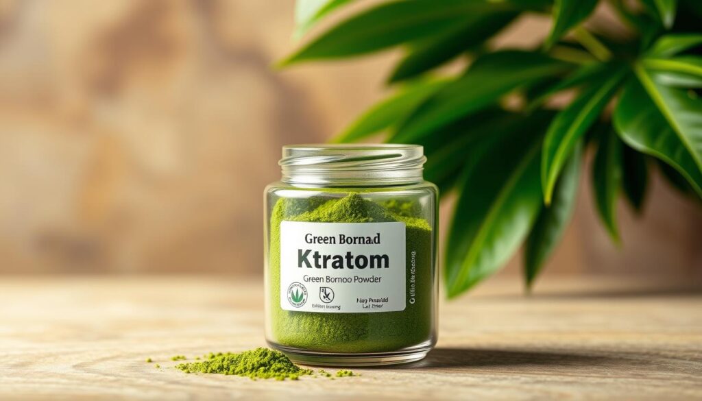 A meticulously crafted glass jar filled with lab-tested, finely ground Green Borneo Kratom powder, its vibrant emerald hue shimmering under warm studio lighting. The jar's label displays the Kratom strain name and a seal of quality assurance, conveying a sense of purity and ethical sourcing. In the background, lush tropical foliage and a subtle, earthy-toned backdrop create a natural, calming atmosphere, reflecting the holistic nature of this botanical supplement.